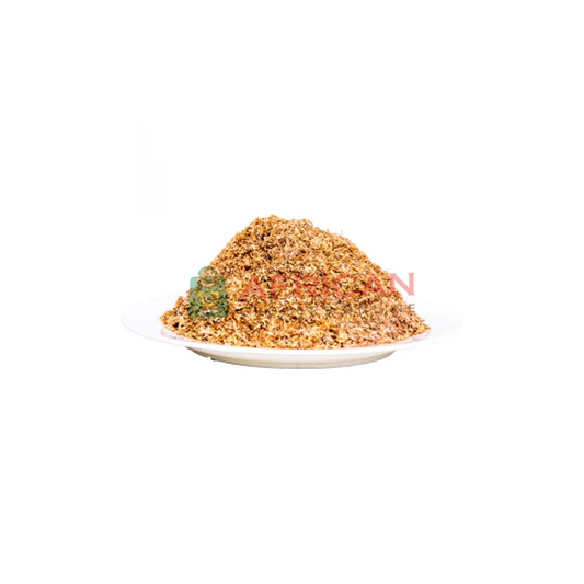 A pile of ground crayfish on a white plate with a transparent background.