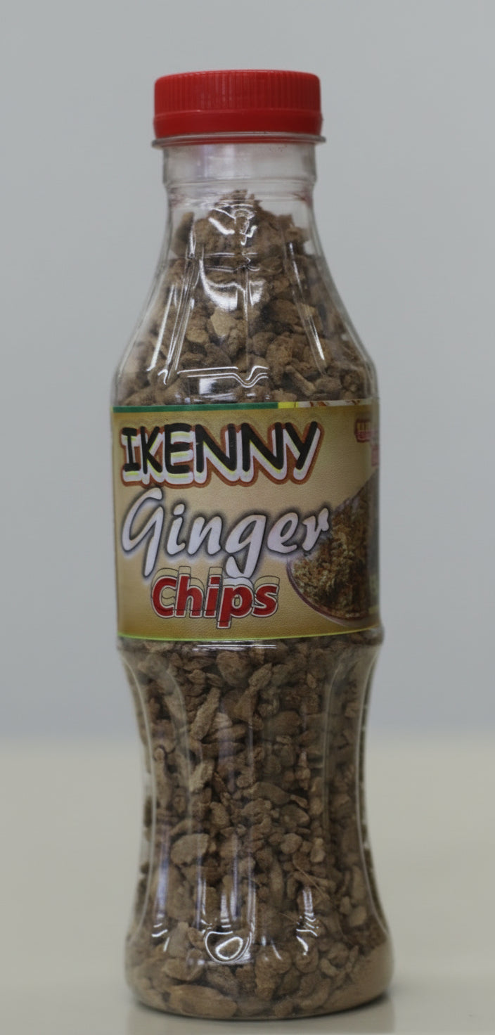 Bottle of Ikenny Ginger Chips with a red cap on a white background