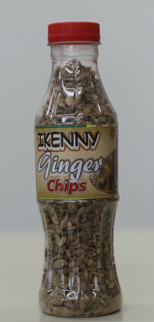 Bottle of Ikenny Ginger Chips with a red cap on a white background