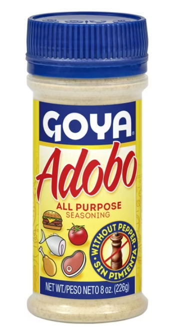 Goya Adobo all-purpose seasoning container with blue lid on a white background