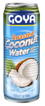 Goya Roasted Coconut Water can with a blue background