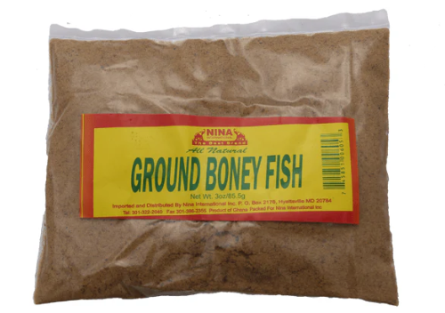 Bag of ground honey fish with a yellow label on a white background