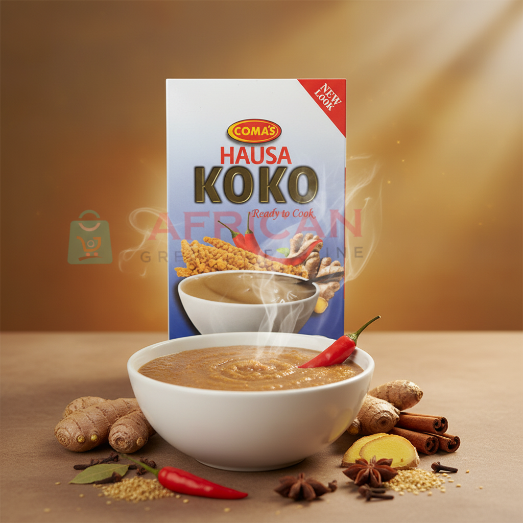 Packaging for HAUSA KOKO, showing a canned food product with the brand name and a bowl of food on the front.