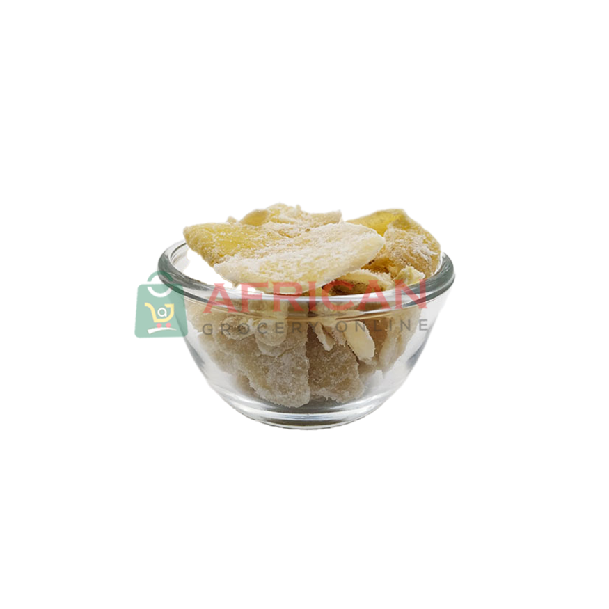 A clear bowl filled with ginger chips, with a label indicating the product is from African Grocery.