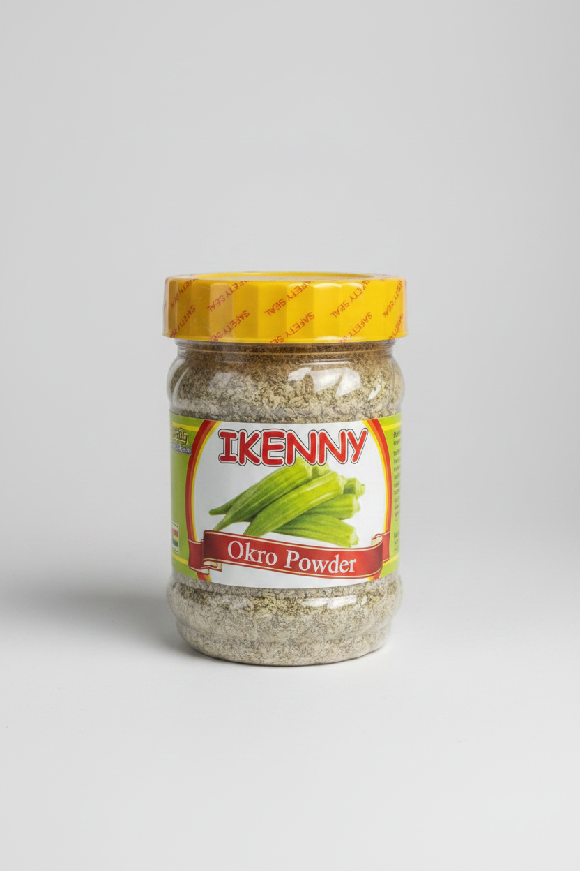 Jar of Ikenny Okro Powder with yellow lid on a shelf