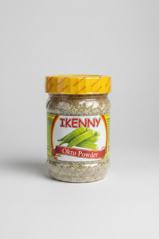 Jar of Ikenny Okro Powder with yellow lid on a shelf