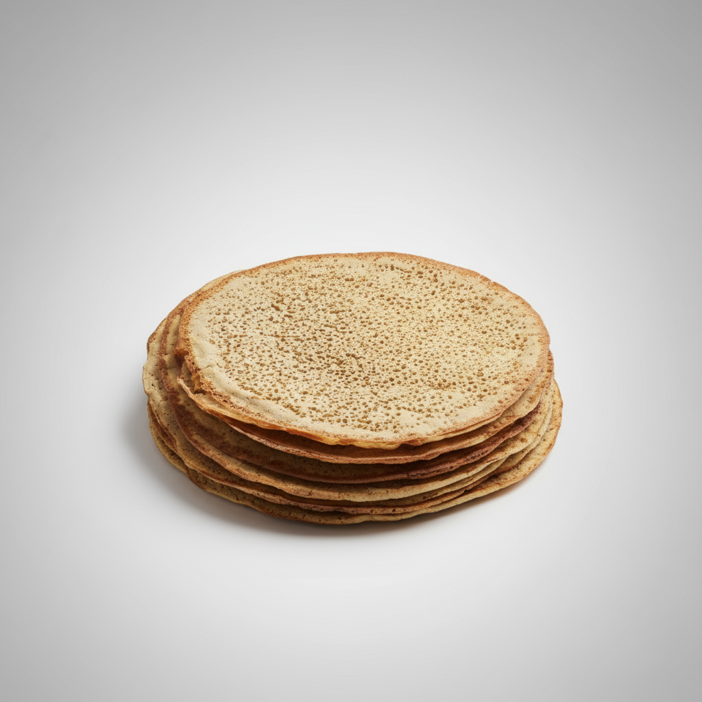 Close-up of a stack of thin, crispy pancakes with a white background