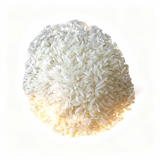 A pile of white, broken jaxmine rice grains against a white background, with a visible brand logo in the top right corner.