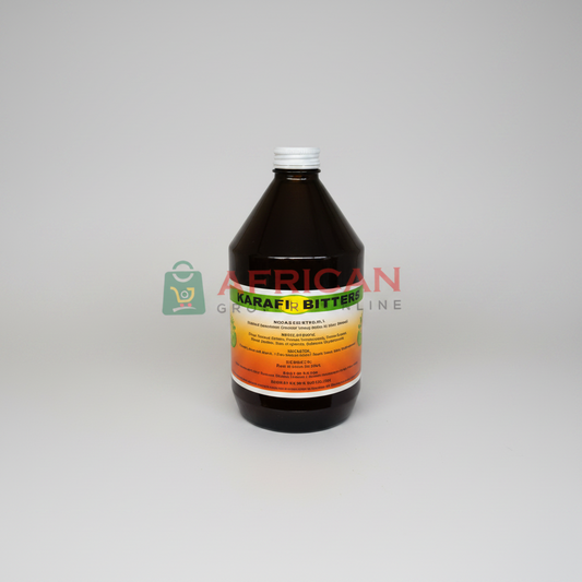 A bottle of KARAFI BITTERS with a label displaying the brand name and the word 'Bitters' in a solids pattern behind it.