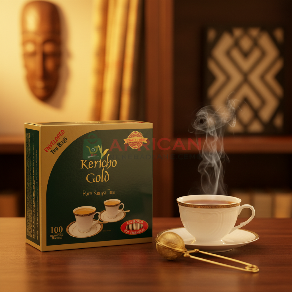 A box of Kericho Gold African Pure Kenyan Tea with a picture of two cups of tea on the front.