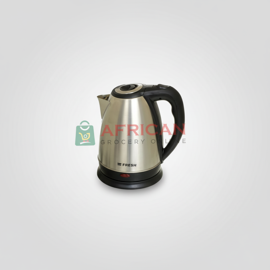 A silver electric kettle with a black handle and spout cap, branded with 'Ketele' and 'African Grocery Centre'.