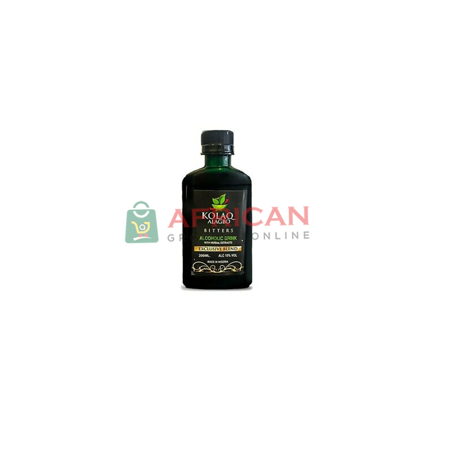 A bottle of KOLAQ ALAGBO herbs and spices with the label visible, against a white background.