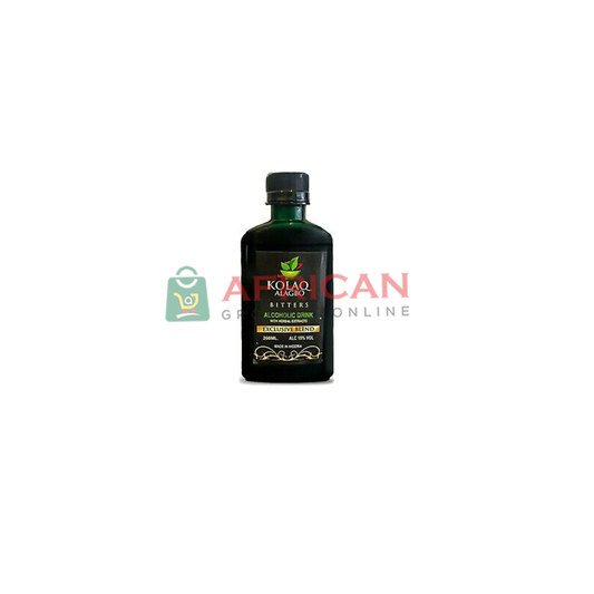 A bottle of KOLAQ ALAGBO herbs and spices with the label visible, against a white background.