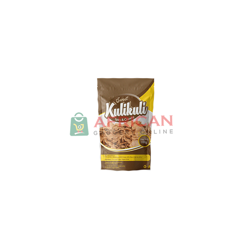 A bag of Kulikuli peanut snack, with visible peanuts inside the transparent packaging, marked as gluten-free and with a 'Ghana Made' label.