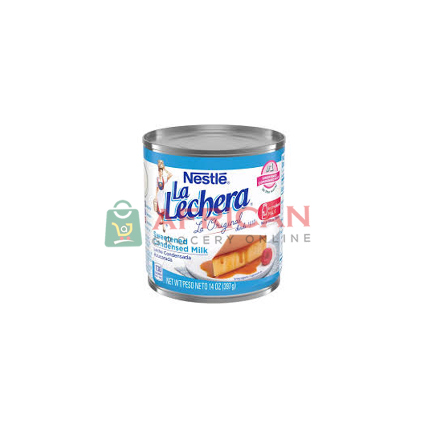 A can of Nestle La Láchera condensed milk product with a blue and white label, featuring an image of the product and the brand logo.
