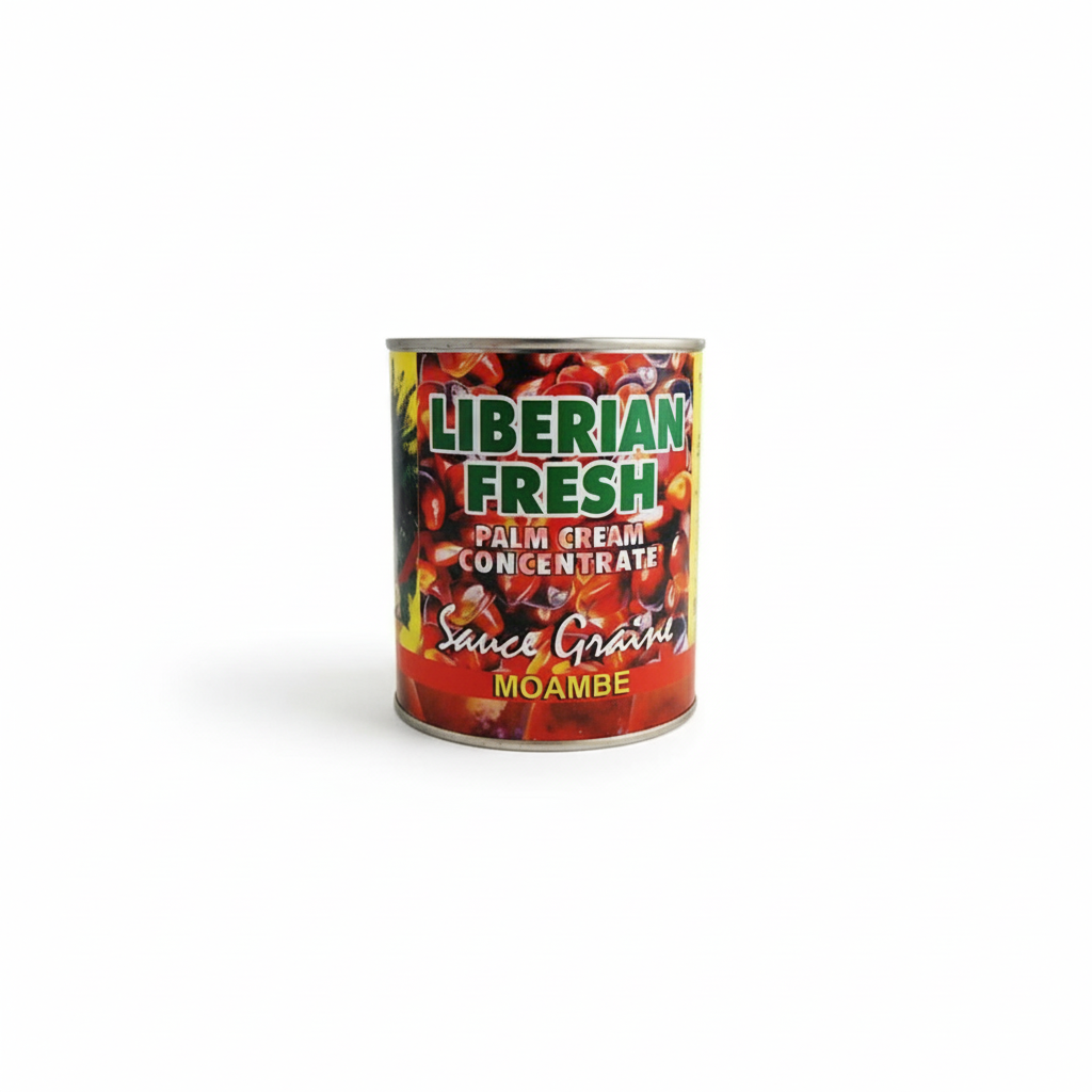 A can of Liberian Fresh Palm Cream Sauce, with a red background and images of palm fruits. The sauce is described as concentrated and comes in a 800g can.