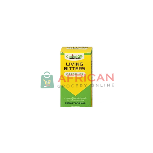 A box of Living Bitters Caps by Caiopa, with a green and yellow label, indicating it's a product of Ghana.