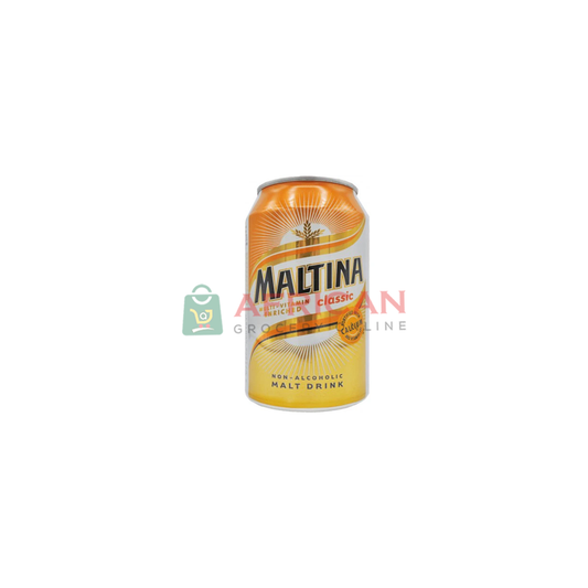 A can of Maltina non-alcoholic beer with a yellow label, indicating it's a product from African Grocery Online.