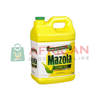 A yellow bottle of Mazola corn oil with a green cap, labelled as 2.5G and with the brand name prominently displayed.