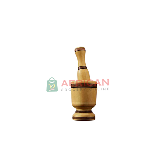 A wooden mortar and pestle with a dark brown finish, suitable for grinding or crushing spices.
