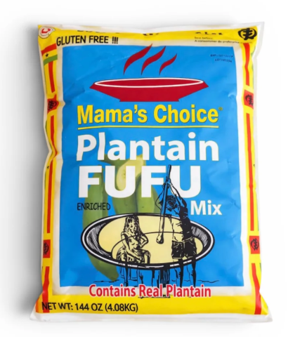 Packaging for Mama's Choice Fufu Mix, featuring the product name and an image of a traditional Fufu bowl.