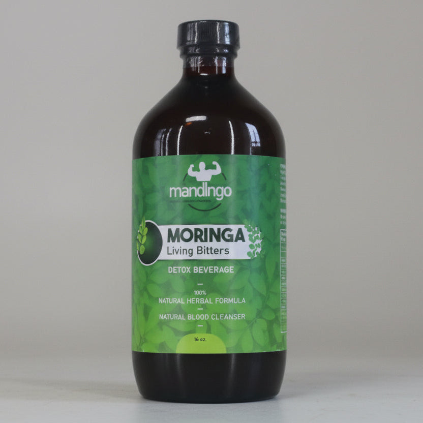 Bottle of Moringa Living Bitters on a light background