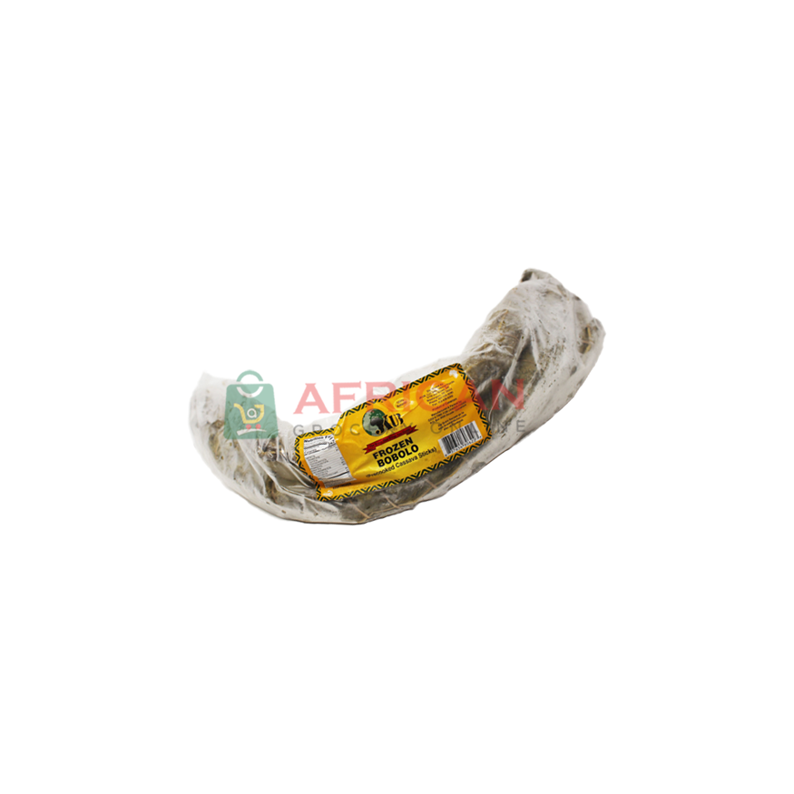 Packaged bobolo, a type of African snack food, with branding and barcode visible.
