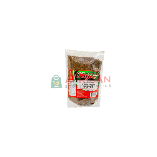 Packaged Cameroun pepper by OBIJI in a clear plastic bag with a green, red, and white label.