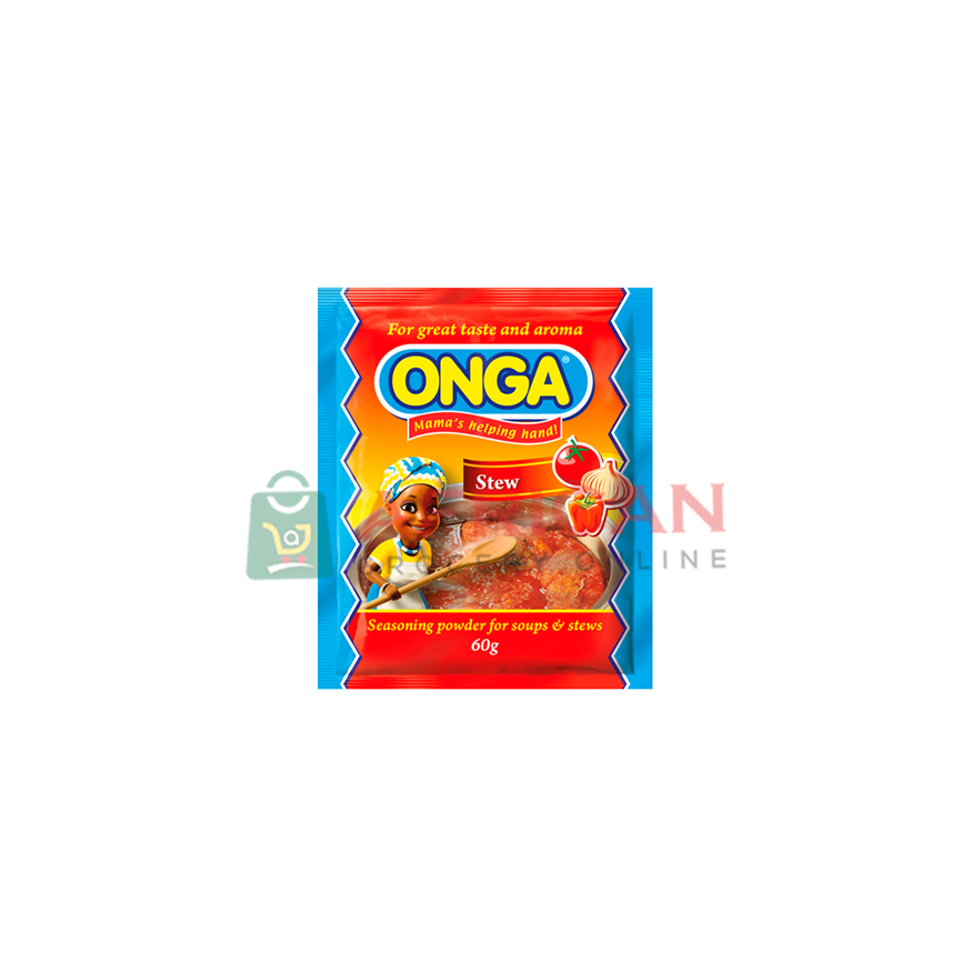 A packet of Onga Stew Seasoning, with a graphic of a woman and a child on the front, indicating the stew is 'smiling for more than 50 years' and 'spicing for life'.
