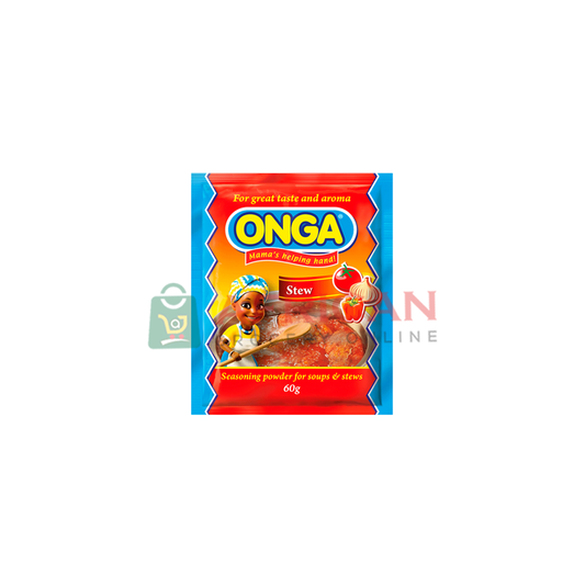 A packet of Onga Stew Seasoning, with a graphic of a woman and a child on the front, indicating the stew is 'smiling for more than 50 years' and 'spicing for life'.