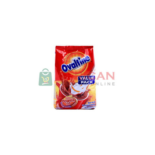 A pack of Ovaltine beverage, with red and white color theme and branding elements visible.