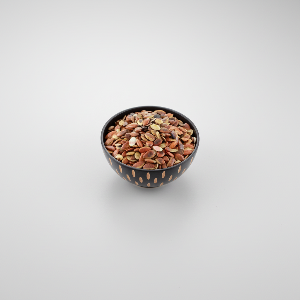 A black bowl filled with Ogbono seeds, also known as bush Mango Seeds.