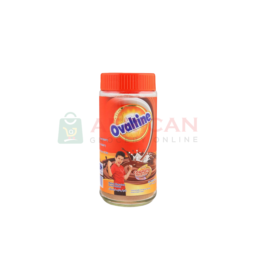 A bottle of Ovaltine, with a red cap and an label featuring the brand name and a cartoon image of a person exercising.