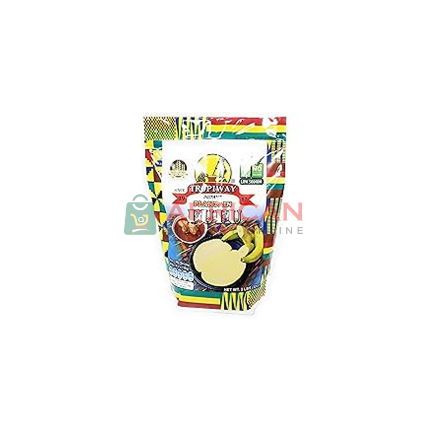 A package of Plantain Fufu weighing 5lbs, with a colorful design featuring images of plantains and a traditional African pattern.