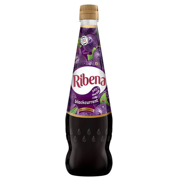 A bottle of Ribena Blackcurrant soft drink on a plain white background. The bottle is dark purple with a white and red Ribena logo on the front label, a gold cap, and purple grape illustrations.