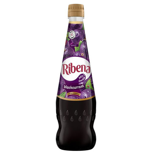 A bottle of Ribena Blackcurrant soft drink on a plain white background. The bottle is dark purple with a white and red Ribena logo on the front label, a gold cap, and purple grape illustrations.