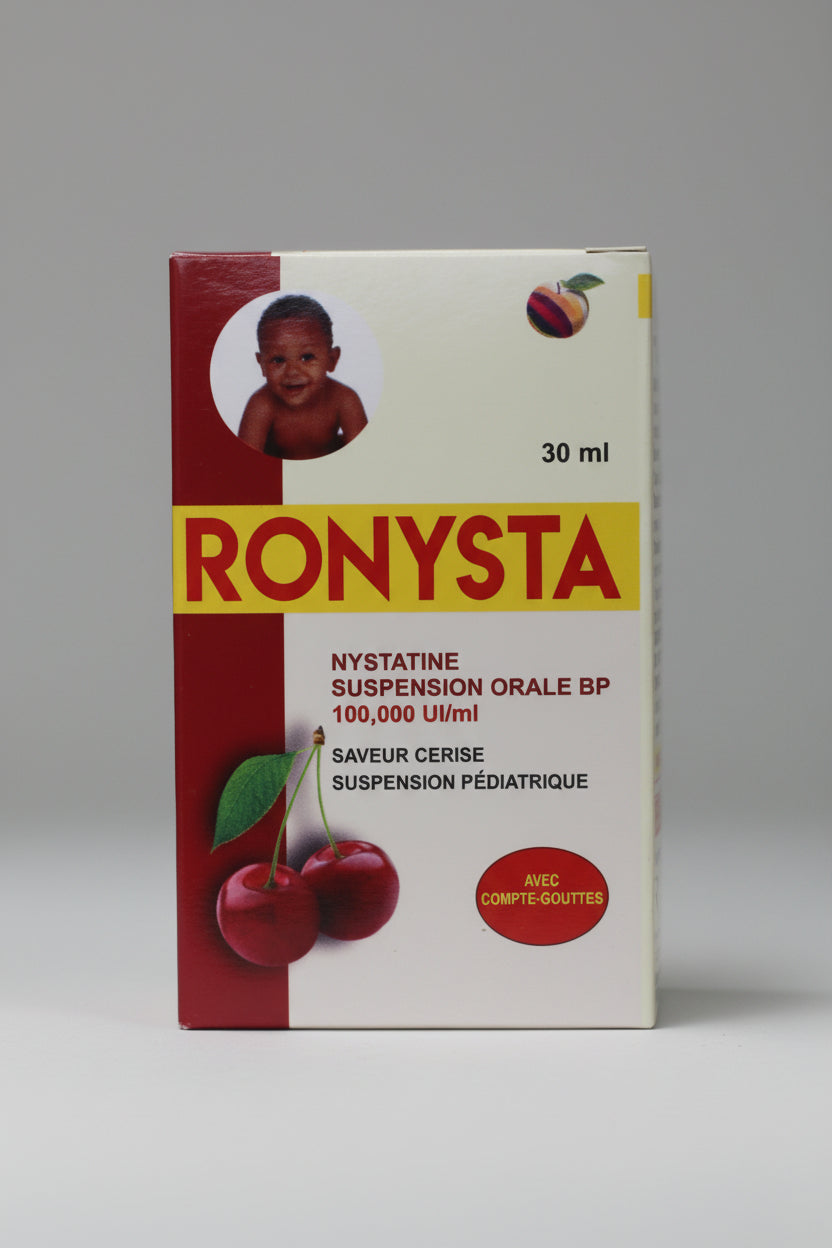 Box of Ronysta nystatin suspension with cherry flavor on a white background