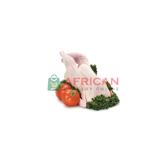 A raw stewing hen with tomatoes placed beside it, on a white background with a logo and text indicating the product is from African Grocery Online.