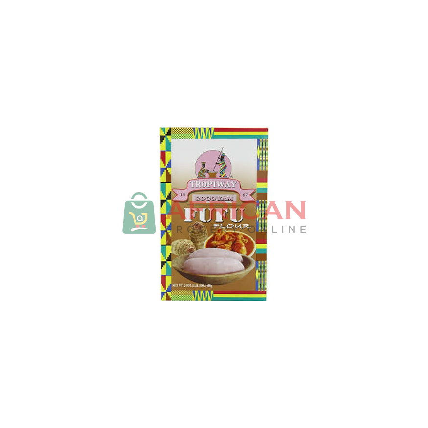 Packaging for Tropiway Cocoyam Fufu, displaying the product name and an image of the cocoyam root.