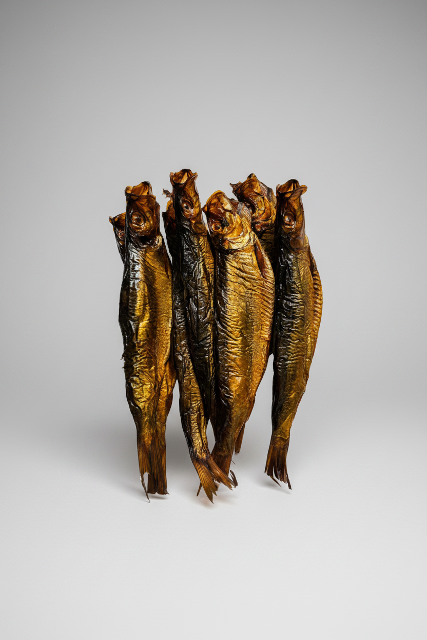 Five whole dried fish arranged vertically on a plain white background.