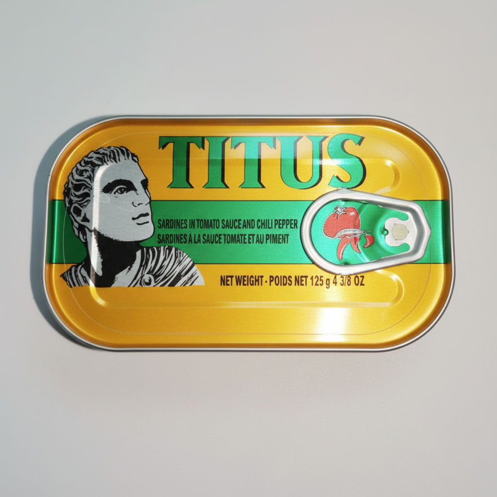 A Titus brand sardine tin with a bright yellow and green label, featuring a black-and-white Roman bust illustration and a red sardine graphic next to a pull-tab lid.