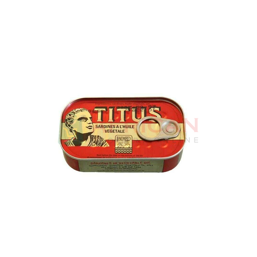A can of Titus brand sardines with a red background and a gold-colored label featuring an image of a man and a fish.