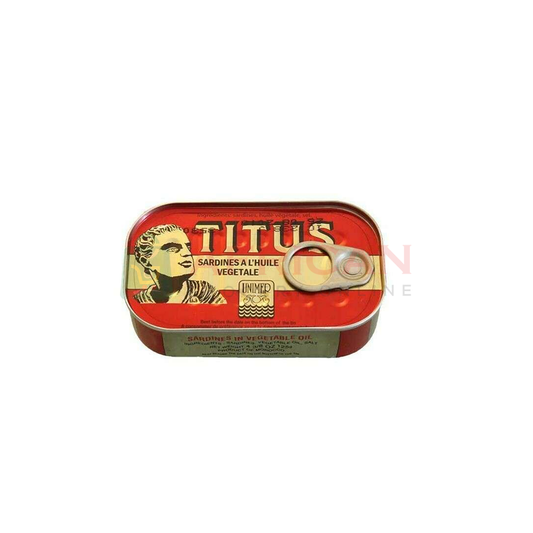 A can of Titus brand sardines with a red background and a gold-colored label featuring an image of a man and a fish.