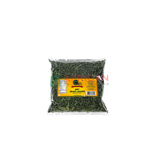 Packaged dried okazi leaves, labeled as 'African Queen Okazi Leaf' and '100% Natural', in a clear plastic bag.