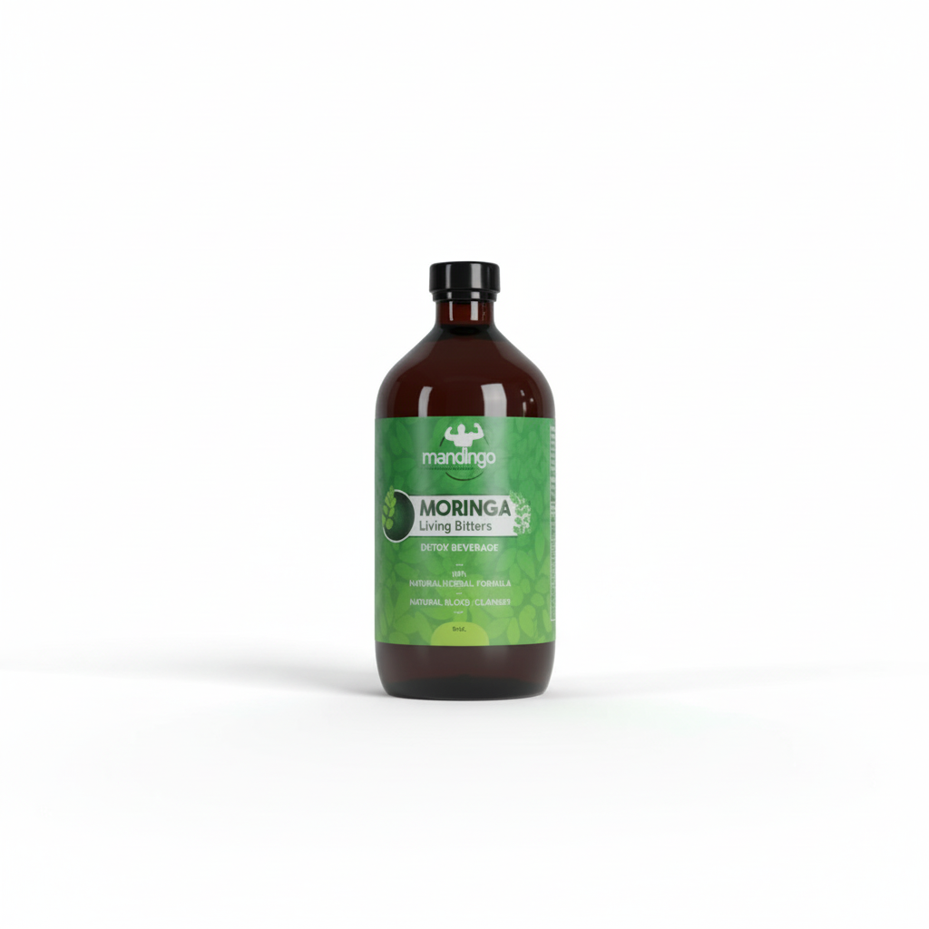 Bottle of Moringa product on a white background
