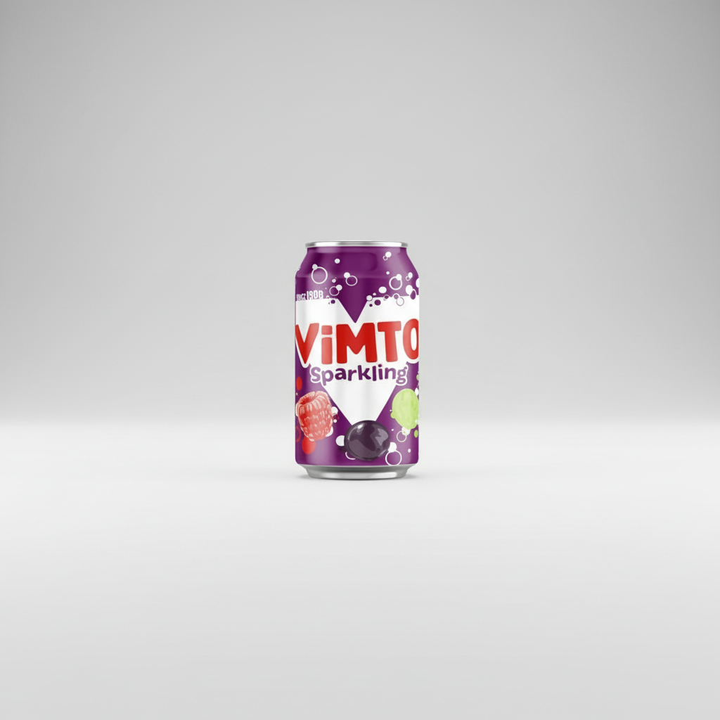A can of Vimto sparkling beverage with a purple label, featuring images of green and purple fruits.