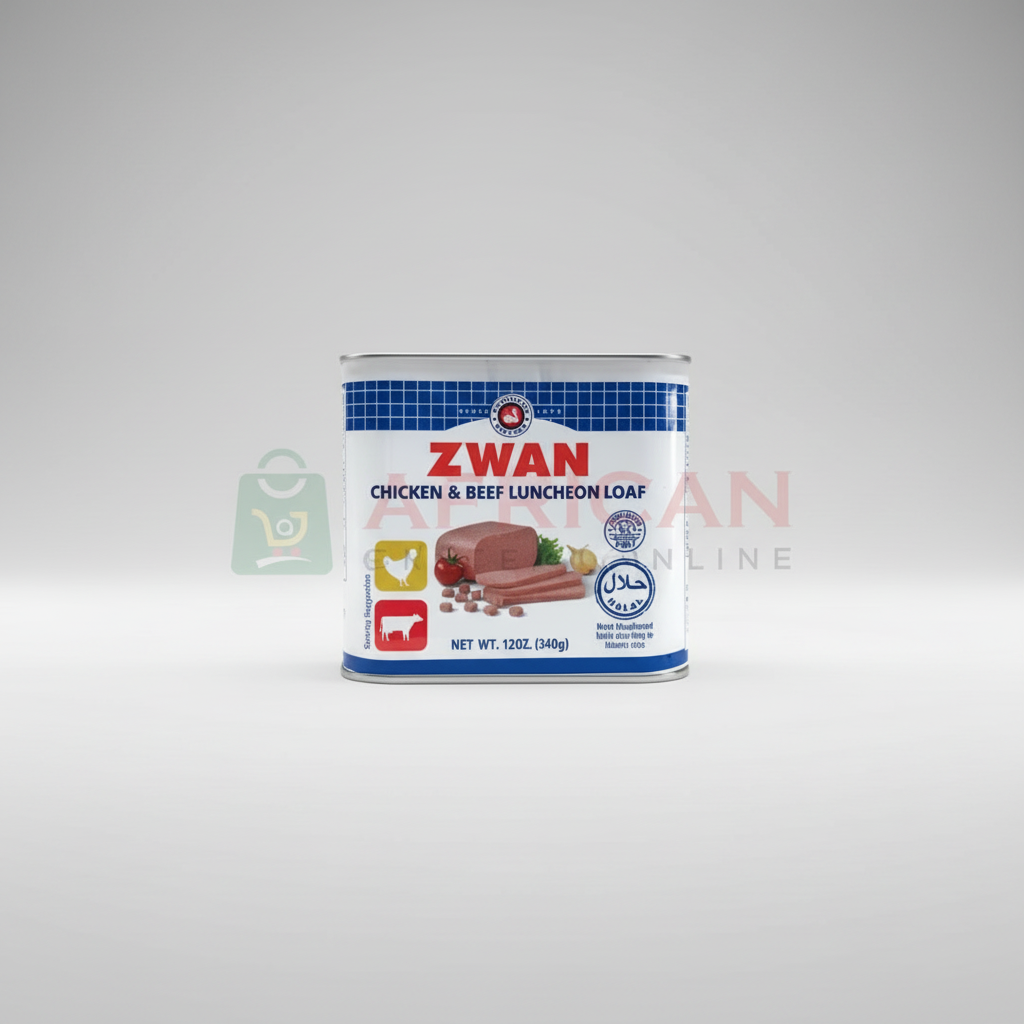 A can of ZWAN Chicken & Beef Luncheon Loaf, showing the product name and an image of the loafed meat.