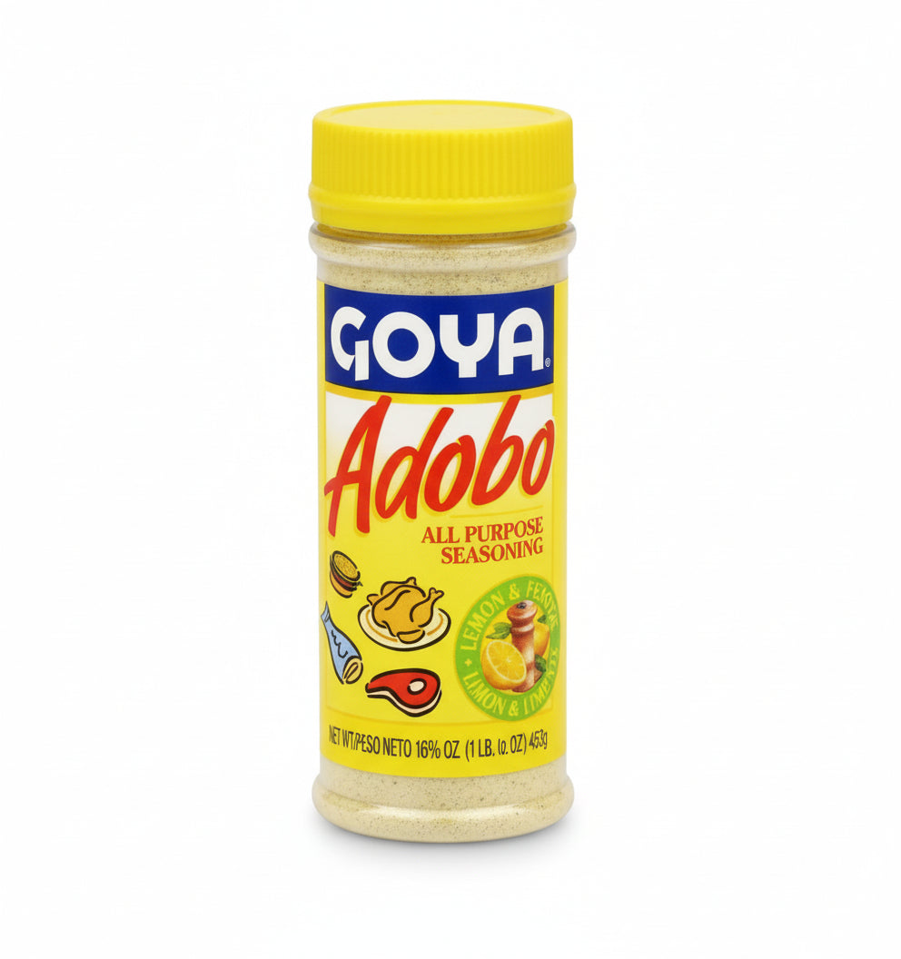 Goya Adobo all-purpose seasoning jar with yellow lid on a white background