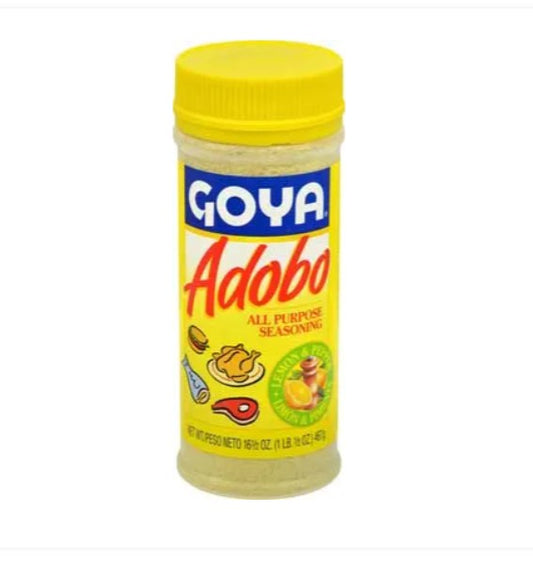 Goya Adobo all-purpose seasoning jar with yellow lid on a white background