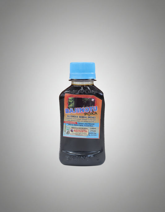 Bottle of Bajinotu Poka alcoholic herbal drink with a blue cap on a red background